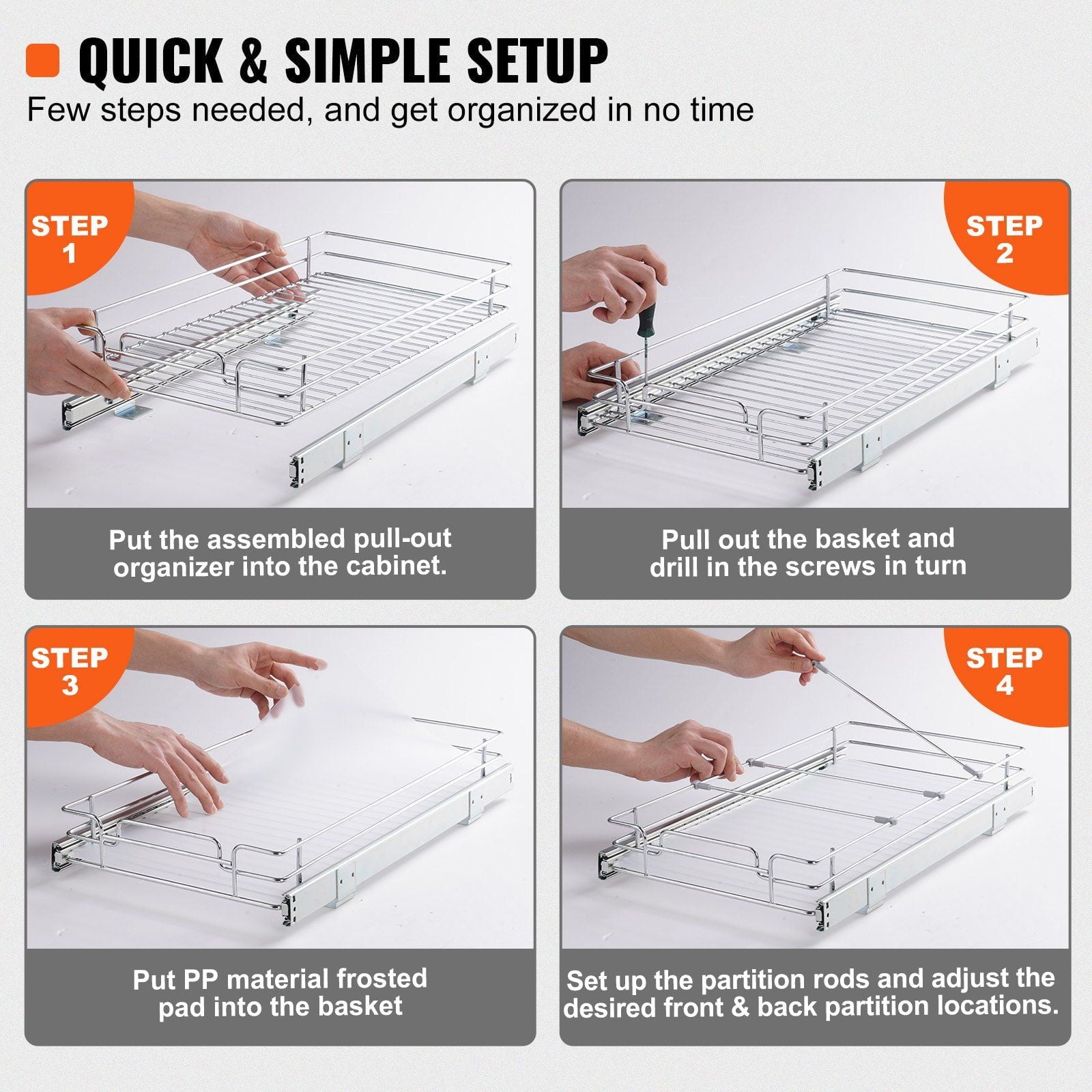 Pull Out Cabinet Organizer 11x21", Heavy Duty Slide Out Pantry Shelves, Chrome Roll Out Drawers, Kitchen Cabinet, Bathroom, Under Sink Storage