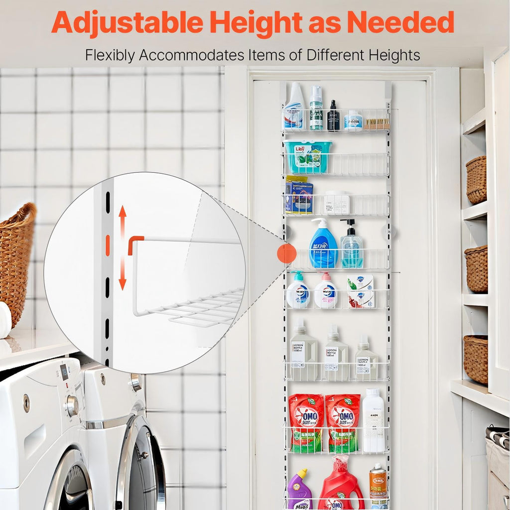 Over The Door Pantry Organizer, 9-Tier Pantry Organization and Storage, Metal Hanging Spice Rack for Kitchen, Laundry, Bathroom, Back of Door Seasoning Rack 9 Baskets, White