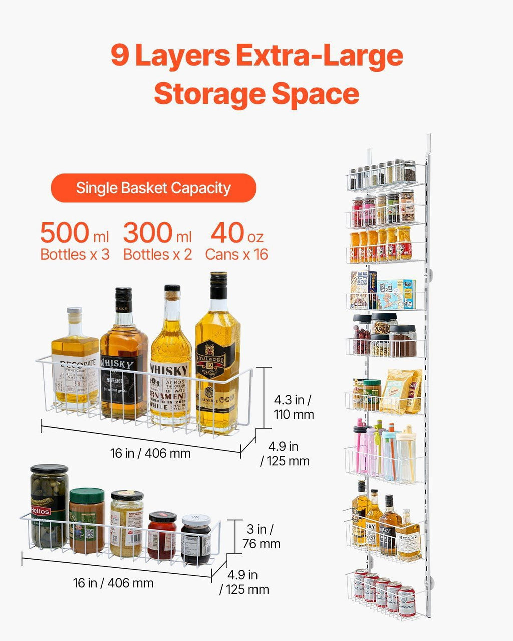 Over The Door Pantry Organizer, 9-Tier Pantry Organization and Storage, Metal Hanging Spice Rack for Kitchen, Laundry, Bathroom, Back of Door Seasoning Rack 9 Baskets, White