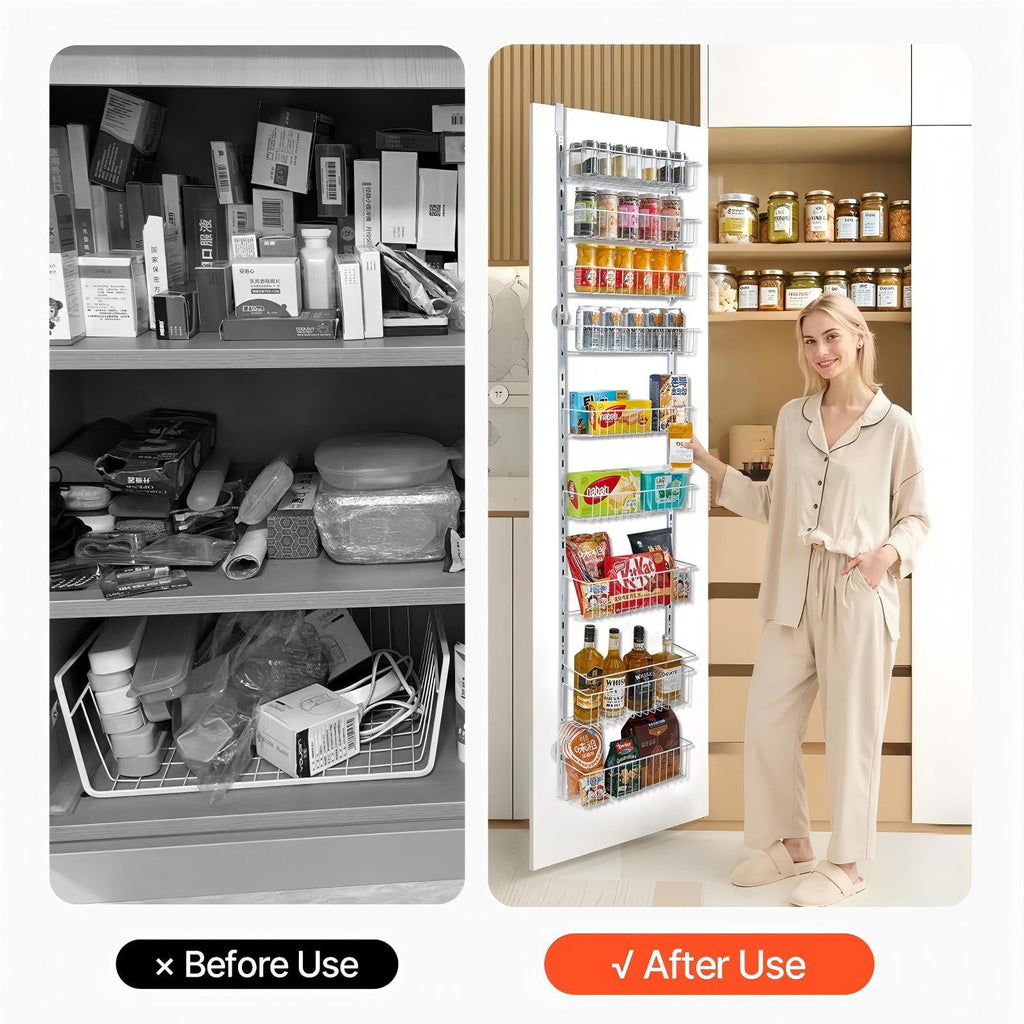 Over The Door Pantry Organizer, 9-Tier Pantry Organization and Storage, Metal Hanging Spice Rack for Kitchen, Laundry, Bathroom, Back of Door Seasoning Rack 9 Baskets, White