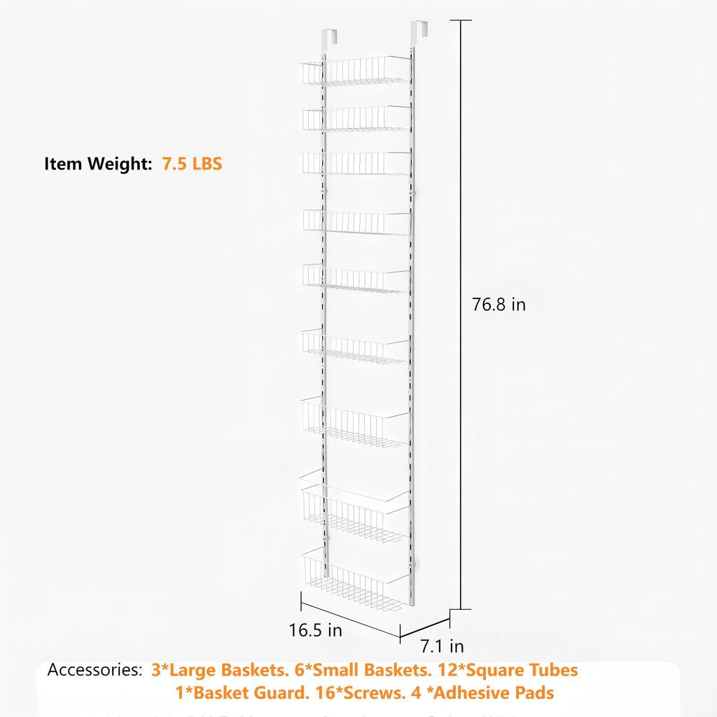 Over The Door Pantry Organizer, 9-Tier Pantry Organization and Storage, Metal Hanging Spice Rack for Kitchen, Laundry, Bathroom, Back of Door Seasoning Rack 9 Baskets, White
