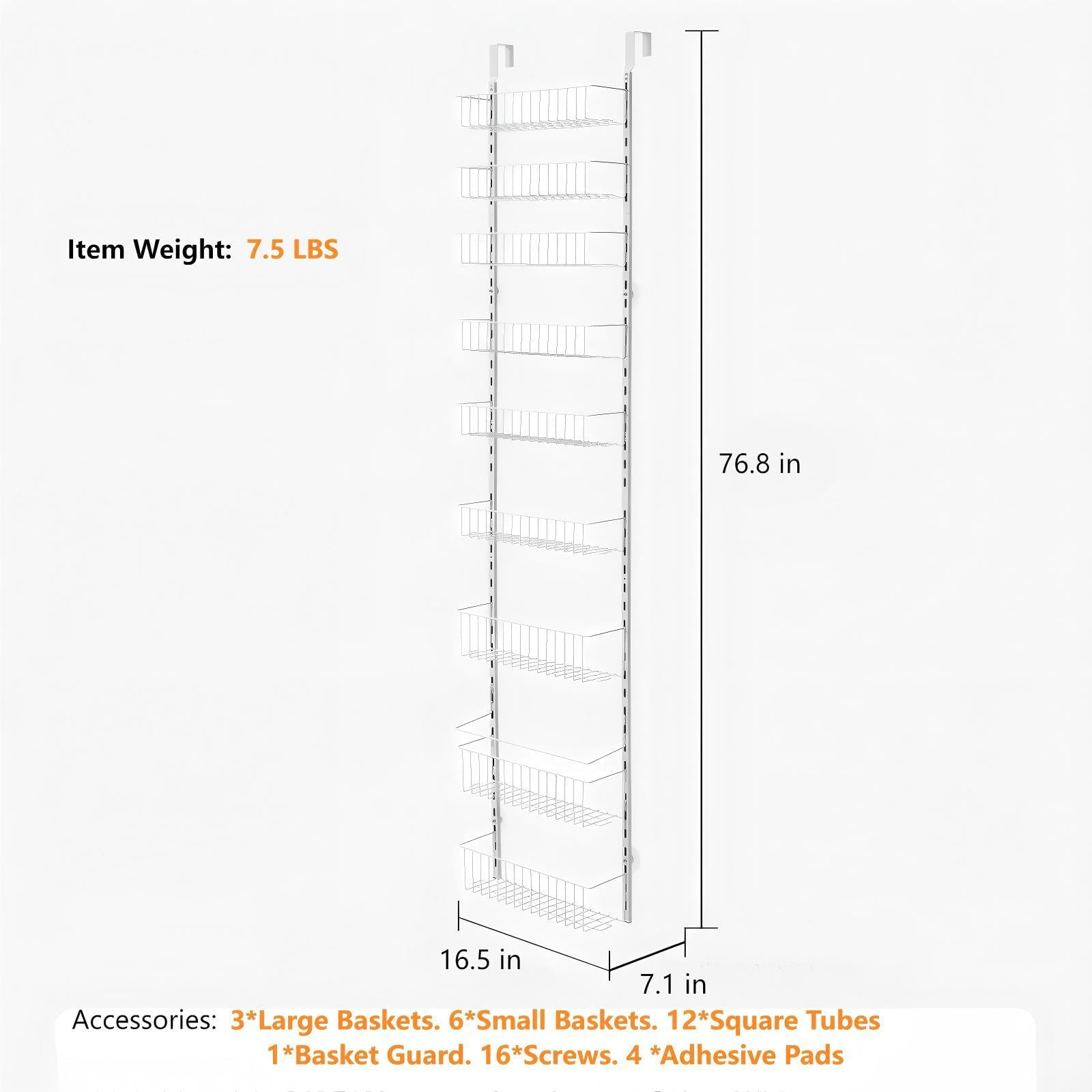 Over The Door Pantry Organizer, 9-Tier Pantry Organization and Storage, Metal Hanging Spice Rack for Kitchen, Laundry, Bathroom, Back of Door Seasoning Rack 9 Baskets, White