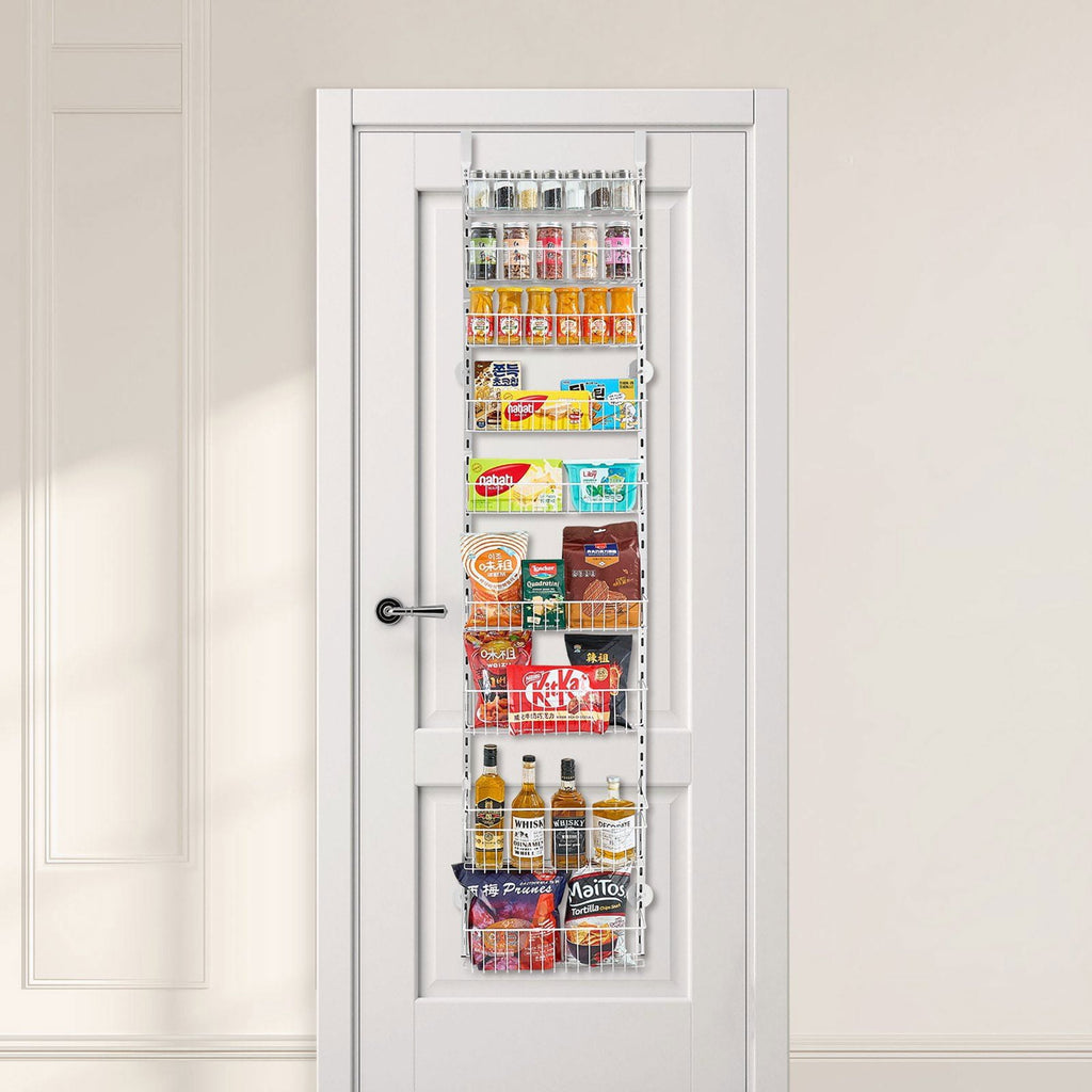 Over The Door Pantry Organizer, 9-Tier Pantry Organization and Storage, Metal Hanging Spice Rack for Kitchen, Laundry, Bathroom, Back of Door Seasoning Rack 9 Baskets, White