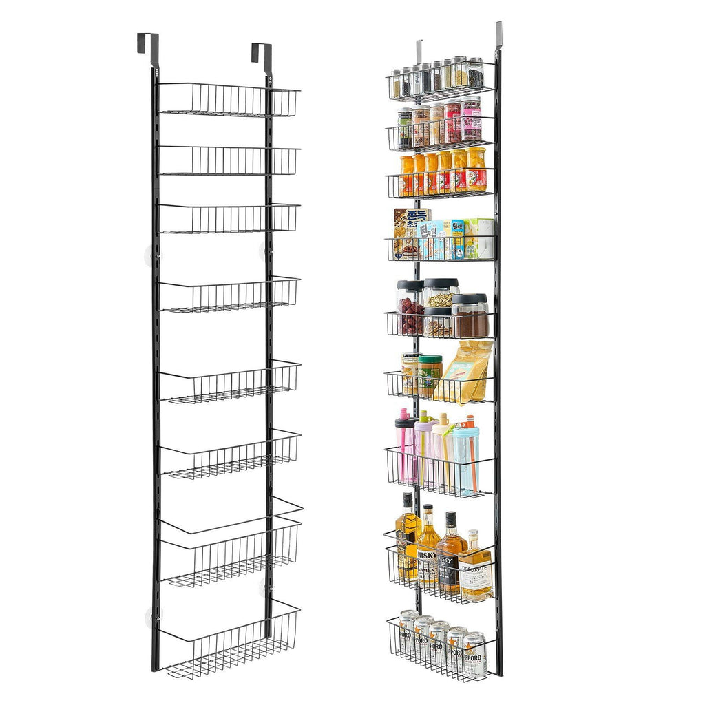 Over The Door Pantry Organizer, 9-Tier Pantry Organization and Storage, Metal Hanging Spice Rack for Kitchen, Laundry, Bathroom, Back of Door Seasoning Rack 9 Baskets, White