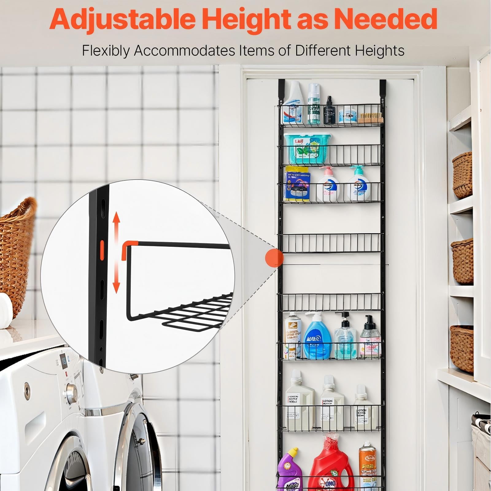 Over The Door Pantry Organizer, 9-Tier Pantry Organization and Storage, Metal Hanging Spice Rack for Kitchen, Laundry, Bathroom, Back of Door Seasoning Rack 9 Baskets, White