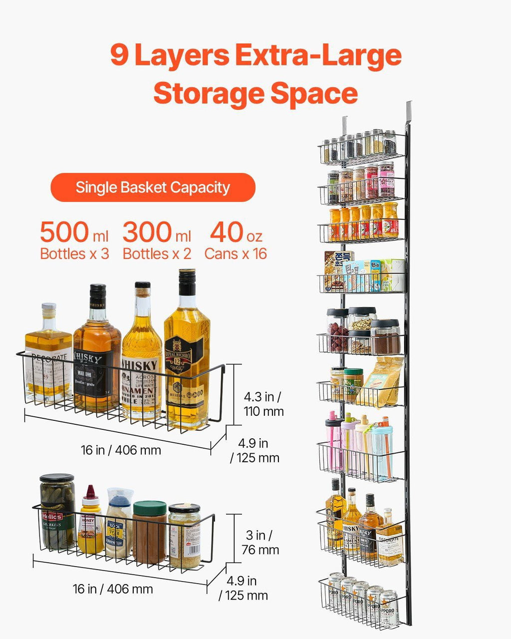 Over The Door Pantry Organizer, 9-Tier Pantry Organization and Storage, Metal Hanging Spice Rack for Kitchen, Laundry, Bathroom, Back of Door Seasoning Rack 9 Baskets, White