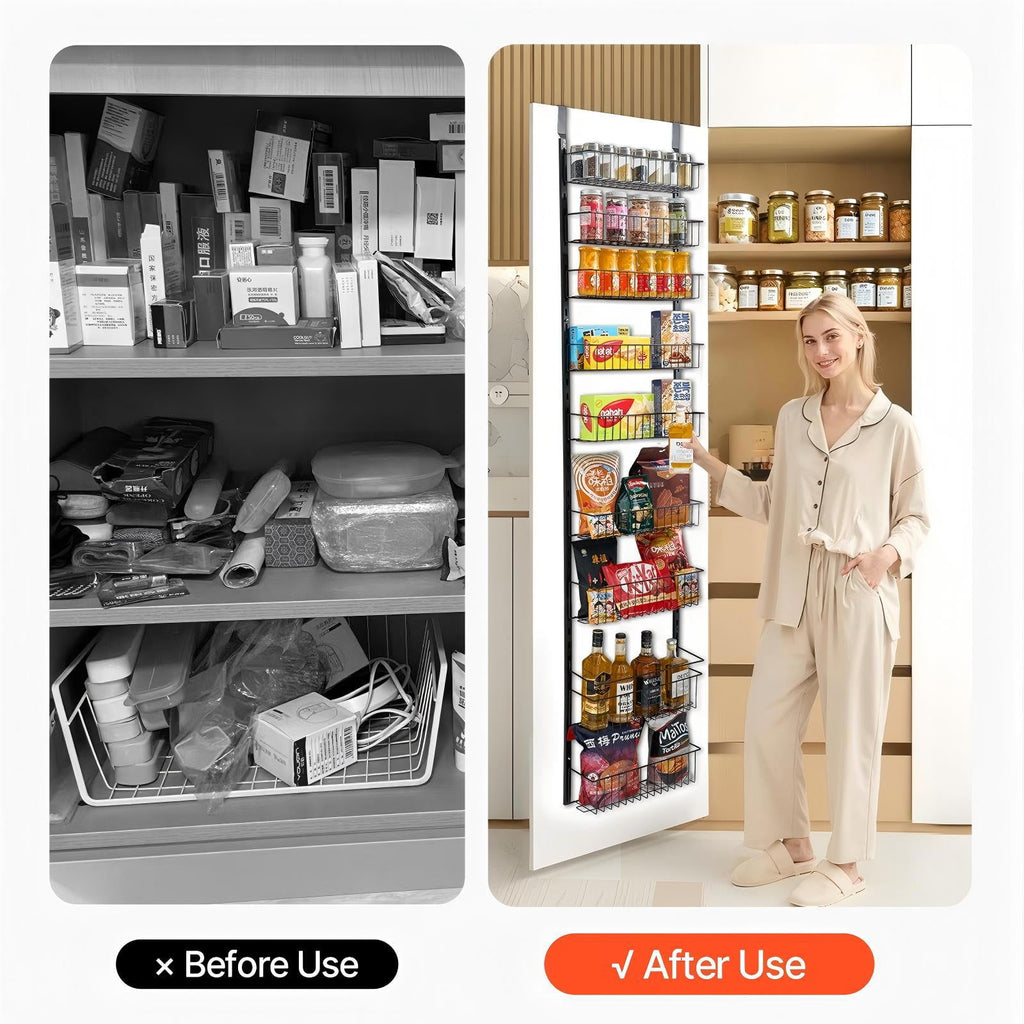 Over The Door Pantry Organizer, 9-Tier Pantry Organization and Storage, Metal Hanging Spice Rack for Kitchen, Laundry, Bathroom, Back of Door Seasoning Rack 9 Baskets, White