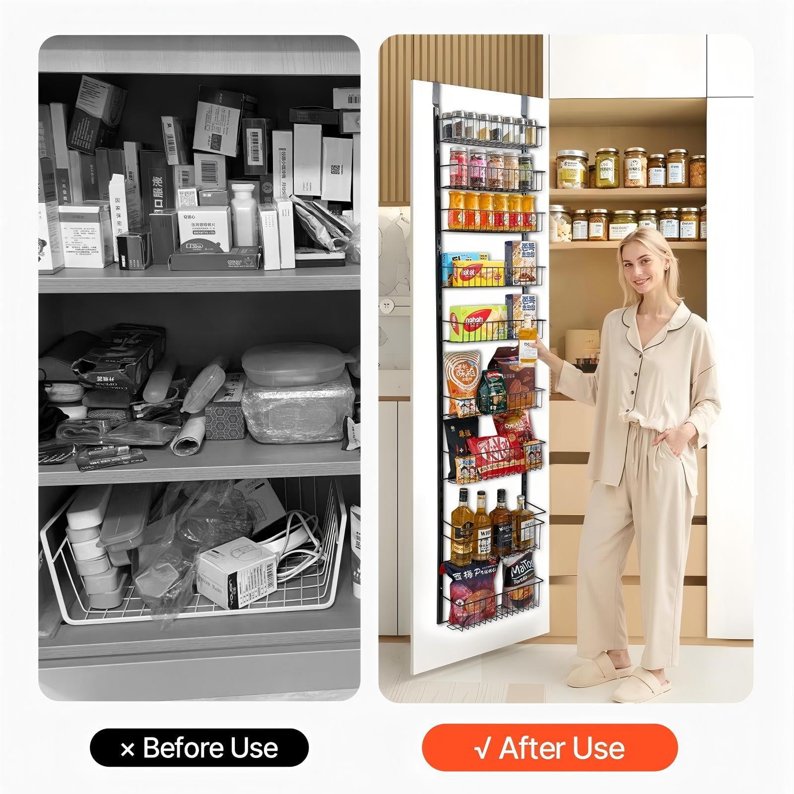 Over The Door Pantry Organizer, 9-Tier Pantry Organization and Storage, Metal Hanging Spice Rack for Kitchen, Laundry, Bathroom, Back of Door Seasoning Rack 9 Baskets, White