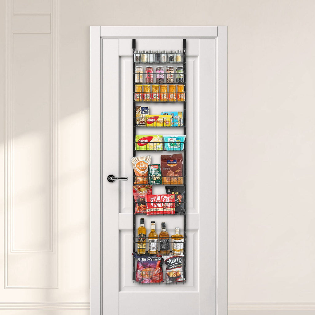 Over The Door Pantry Organizer, 9-Tier Pantry Organization and Storage, Metal Hanging Spice Rack for Kitchen, Laundry, Bathroom, Back of Door Seasoning Rack 9 Baskets, White
