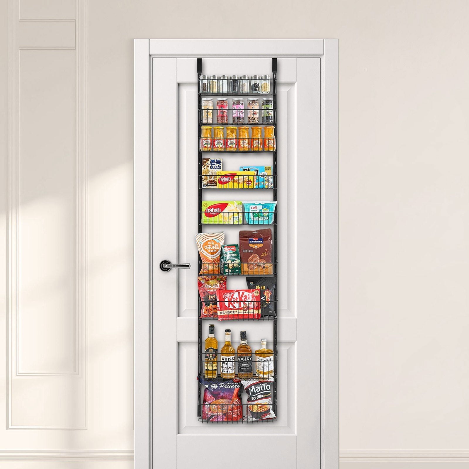Over The Door Pantry Organizer, 9-Tier Pantry Organization and Storage, Metal Hanging Spice Rack for Kitchen, Laundry, Bathroom, Back of Door Seasoning Rack 9 Baskets, White