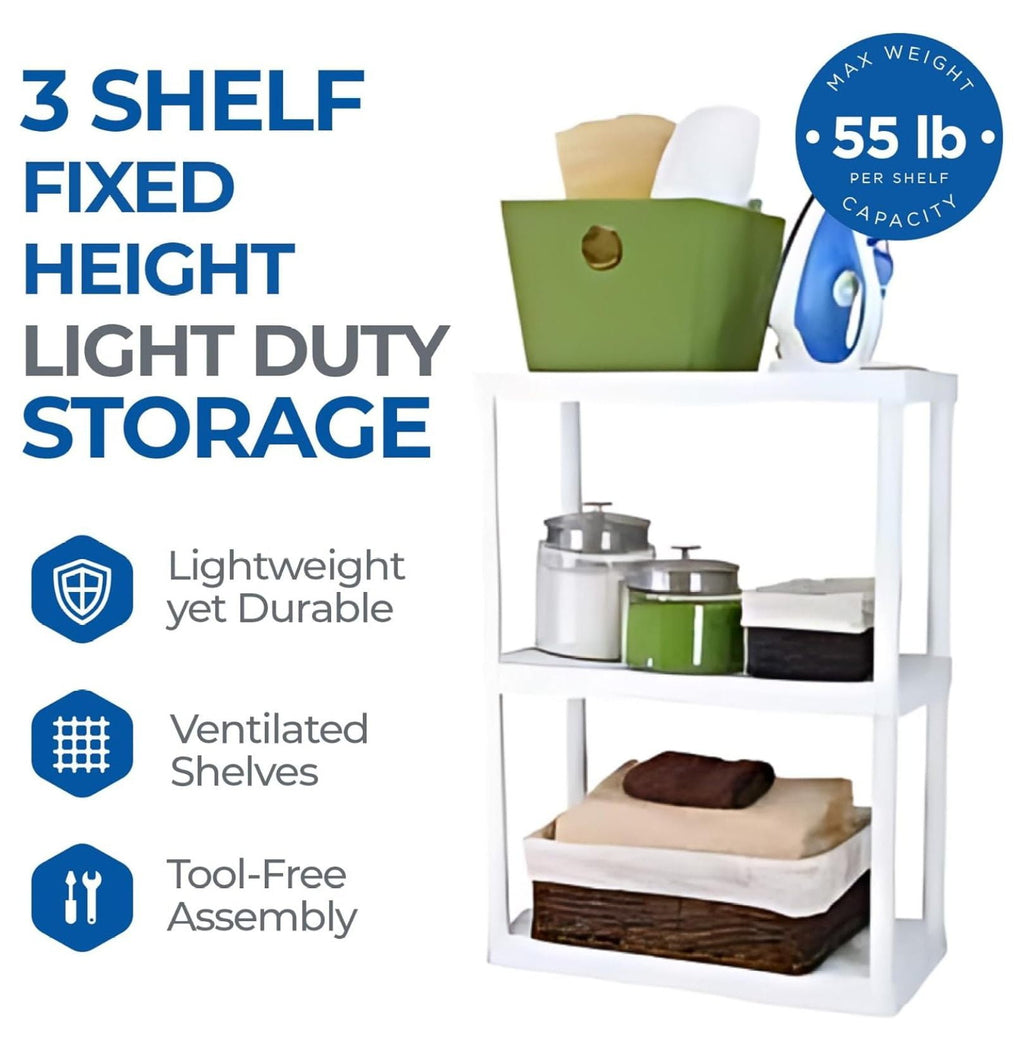 3 Shelf Knect-A-Shelf Ventilated Light Duty Storage Unit Organizer System for Home, Garage, Basement, and Laundry, White