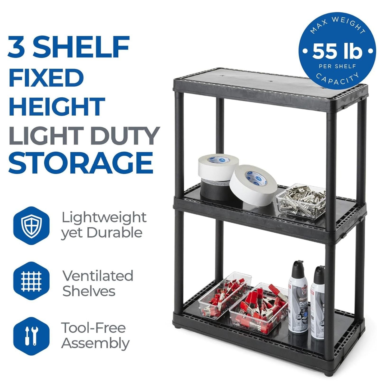 3 Shelf Knect-A-Shelf Ventilated Light Duty Storage Unit Organizer System for Home, Garage, Basement, and Laundry, White