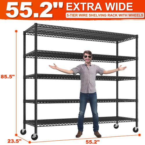 55.2"W x 85.8"H Wire Shelving Rack 3000Lbs Metal Storage Shelves with Wheels 5 Tier Heavy Duty Storage Rack for Garage Rolling Shelving Unit Adjustable Steel Shelves for Kitchen Pantry, Black