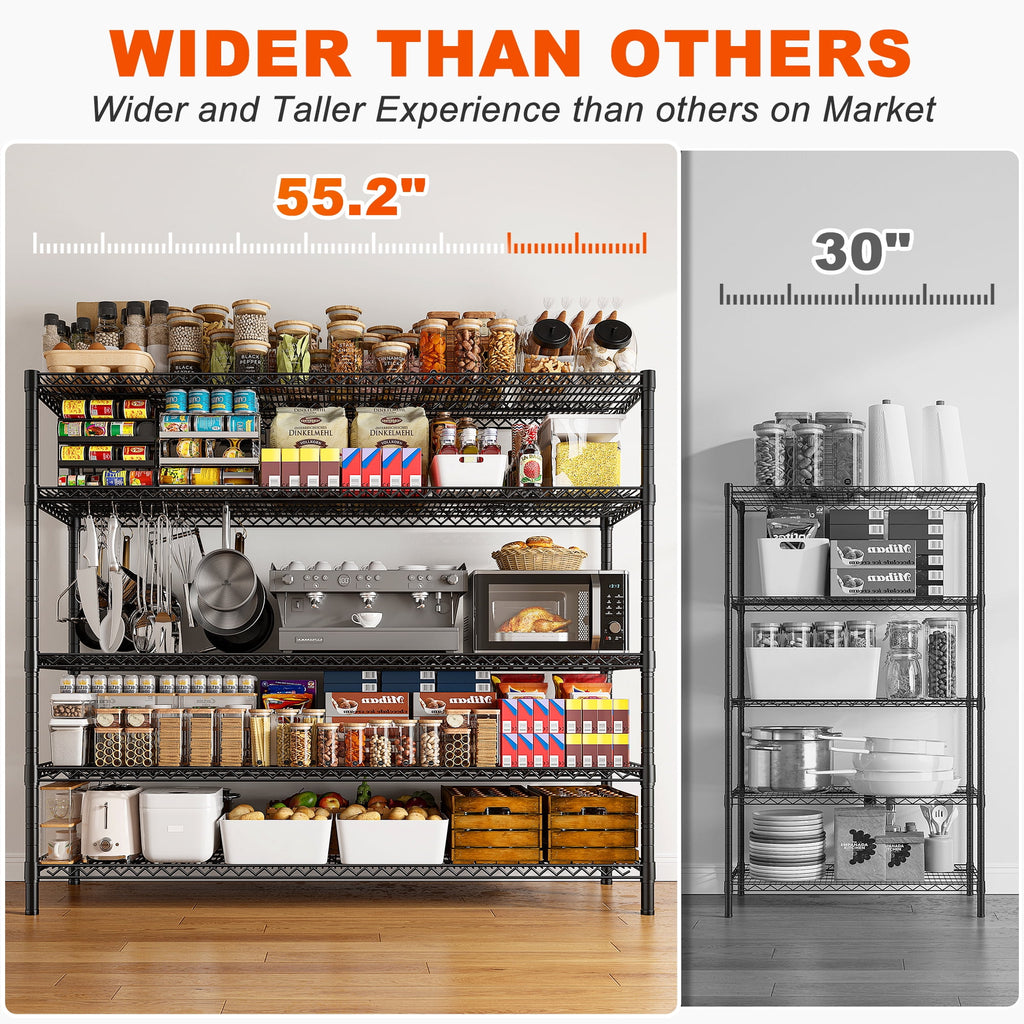 55.2"W x 85.8"H Wire Shelving Rack 3000Lbs Metal Storage Shelves with Wheels 5 Tier Heavy Duty Storage Rack for Garage Rolling Shelving Unit Adjustable Steel Shelves for Kitchen Pantry, Black
