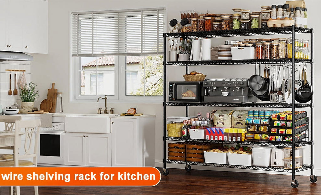 55.2"W x 85.8"H Wire Shelving Rack 3000Lbs Metal Storage Shelves with Wheels 5 Tier Heavy Duty Storage Rack for Garage Rolling Shelving Unit Adjustable Steel Shelves for Kitchen Pantry, Black