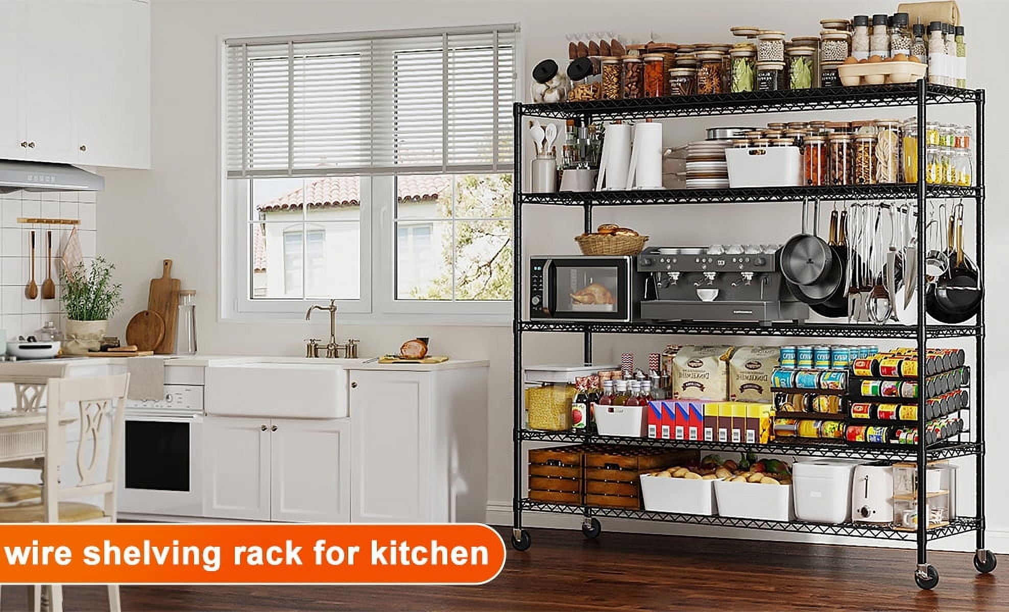 55.2"W x 85.8"H Wire Shelving Rack 3000Lbs Metal Storage Shelves with Wheels 5 Tier Heavy Duty Storage Rack for Garage Rolling Shelving Unit Adjustable Steel Shelves for Kitchen Pantry, Black