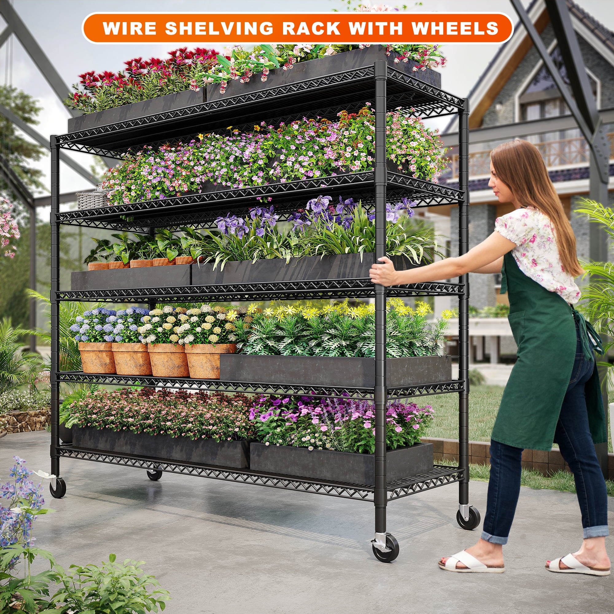 55.2"W x 85.8"H Wire Shelving Rack 3000Lbs Metal Storage Shelves with Wheels 5 Tier Heavy Duty Storage Rack for Garage Rolling Shelving Unit Adjustable Steel Shelves for Kitchen Pantry, Black
