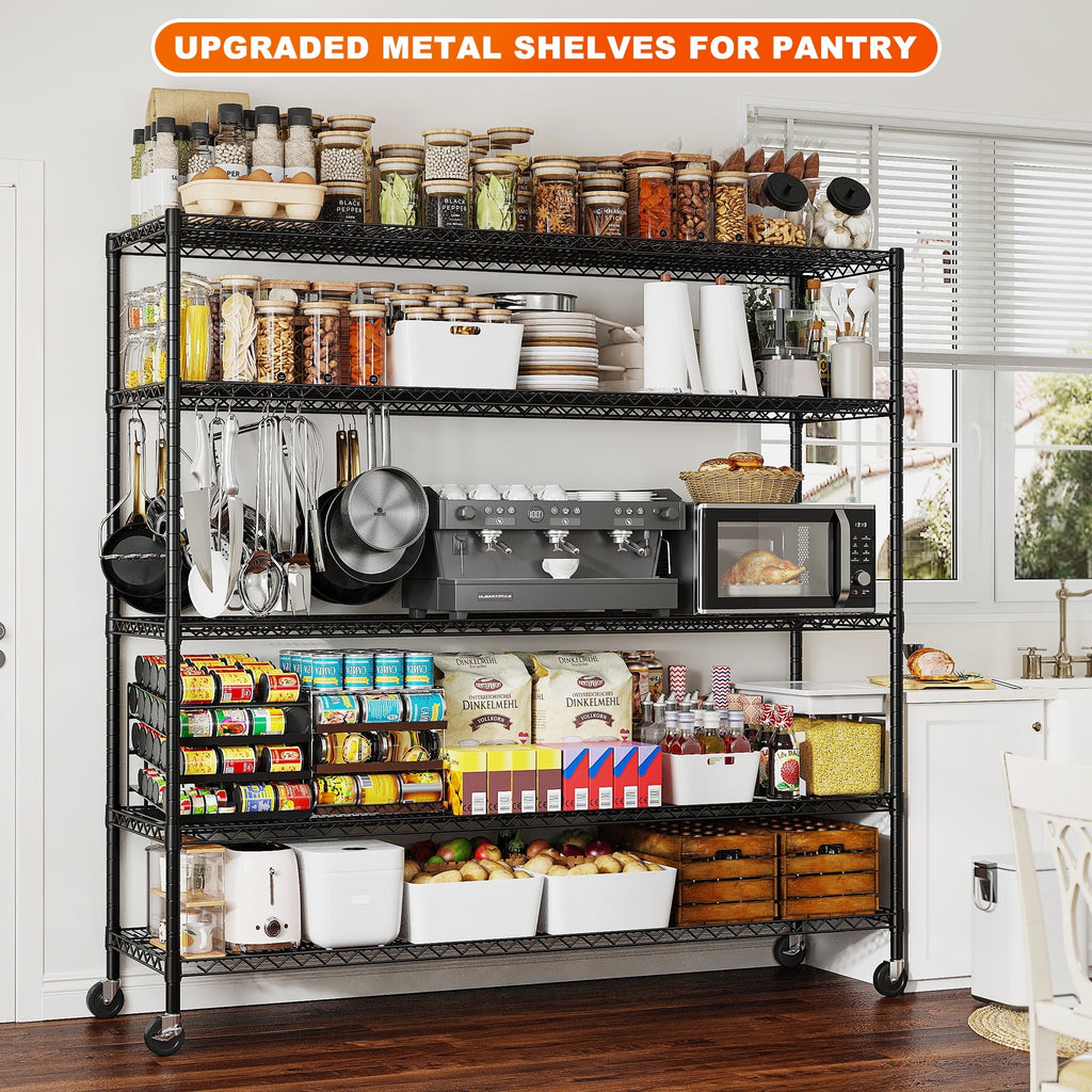 55.2"W x 85.8"H Wire Shelving Rack 3000Lbs Metal Storage Shelves with Wheels 5 Tier Heavy Duty Storage Rack for Garage Rolling Shelving Unit Adjustable Steel Shelves for Kitchen Pantry, Black
