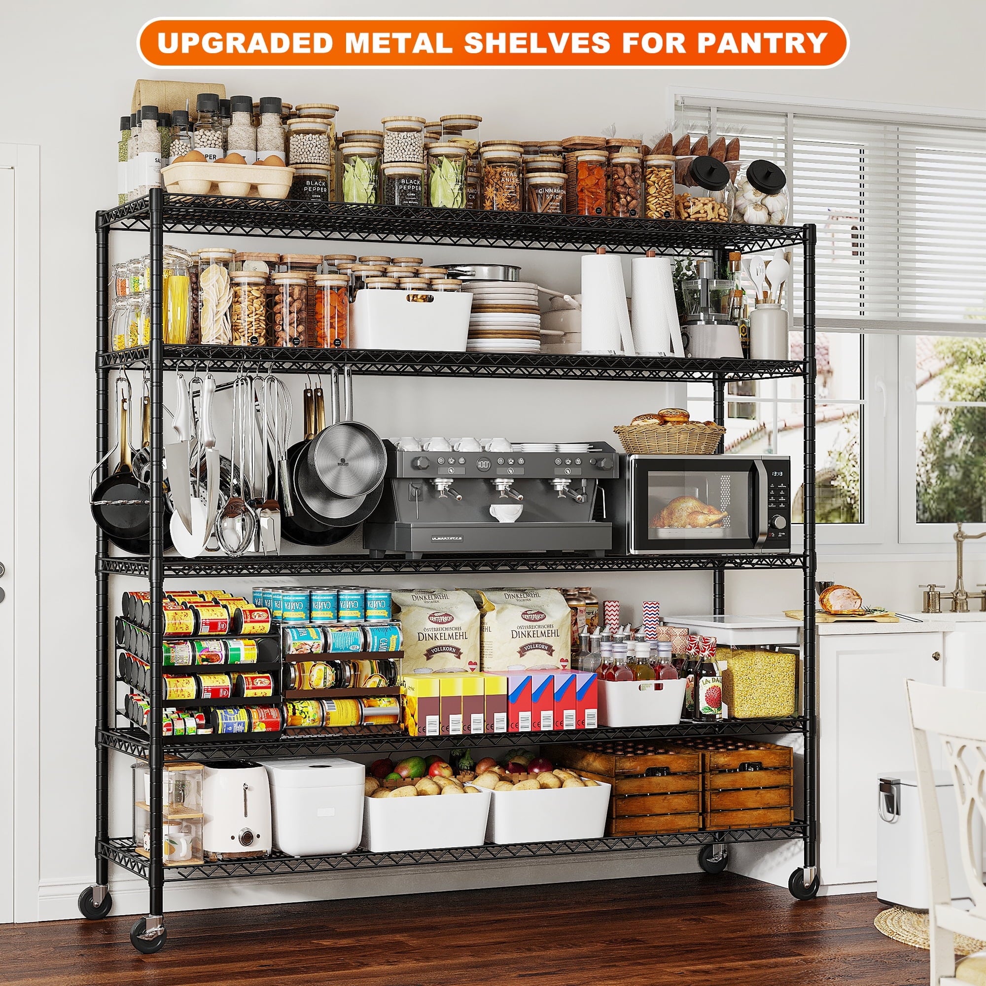 55.2"W x 85.8"H Wire Shelving Rack 3000Lbs Metal Storage Shelves with Wheels 5 Tier Heavy Duty Storage Rack for Garage Rolling Shelving Unit Adjustable Steel Shelves for Kitchen Pantry, Black