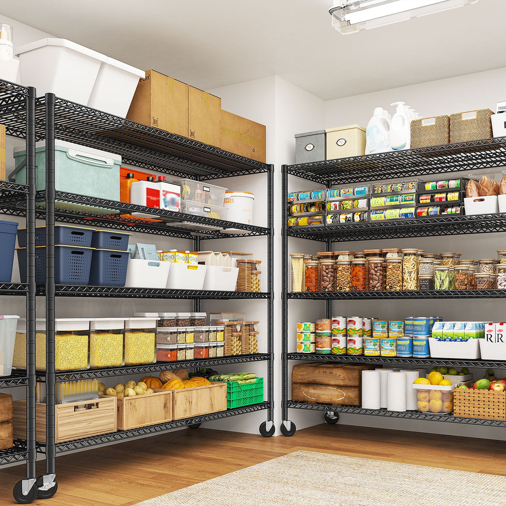 55.2"W x 85.8"H Wire Shelving Rack 3000Lbs Metal Storage Shelves with Wheels 5 Tier Heavy Duty Storage Rack for Garage Rolling Shelving Unit Adjustable Steel Shelves for Kitchen Pantry, Black