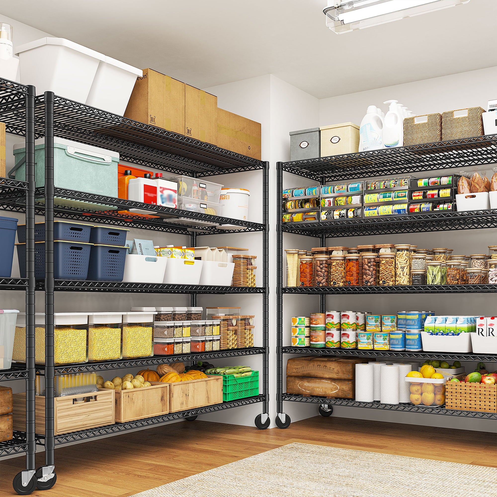 55.2"W x 85.8"H Wire Shelving Rack 3000Lbs Metal Storage Shelves with Wheels 5 Tier Heavy Duty Storage Rack for Garage Rolling Shelving Unit Adjustable Steel Shelves for Kitchen Pantry, Black
