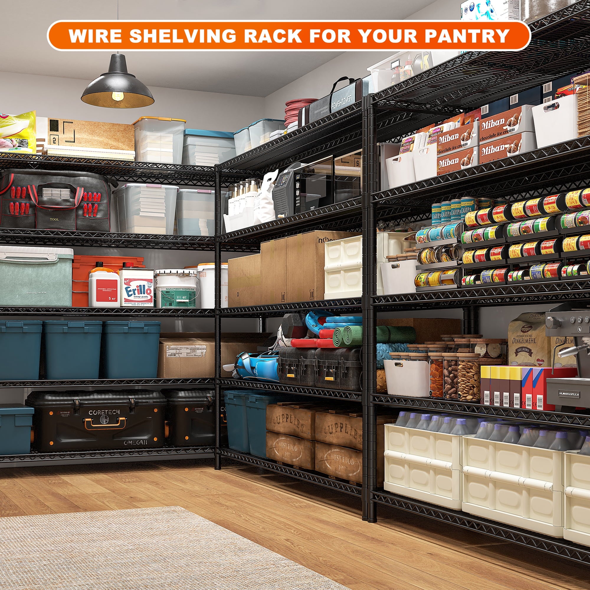 55.2"W x 85.8"H Wire Shelving Rack 3000Lbs Metal Storage Shelves with Wheels 5 Tier Heavy Duty Storage Rack for Garage Rolling Shelving Unit Adjustable Steel Shelves for Kitchen Pantry, Black