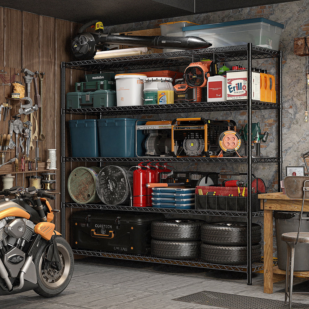 55.2"W x 85.8"H Wire Shelving Rack 3000Lbs Metal Storage Shelves with Wheels 5 Tier Heavy Duty Storage Rack for Garage Rolling Shelving Unit Adjustable Steel Shelves for Kitchen Pantry, Black