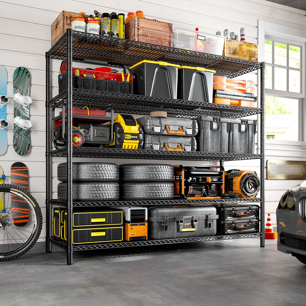 55.2"W x 85.8"H Wire Shelving Rack 3000Lbs Metal Storage Shelves with Wheels 5 Tier Heavy Duty Storage Rack for Garage Rolling Shelving Unit Adjustable Steel Shelves for Kitchen Pantry, Black