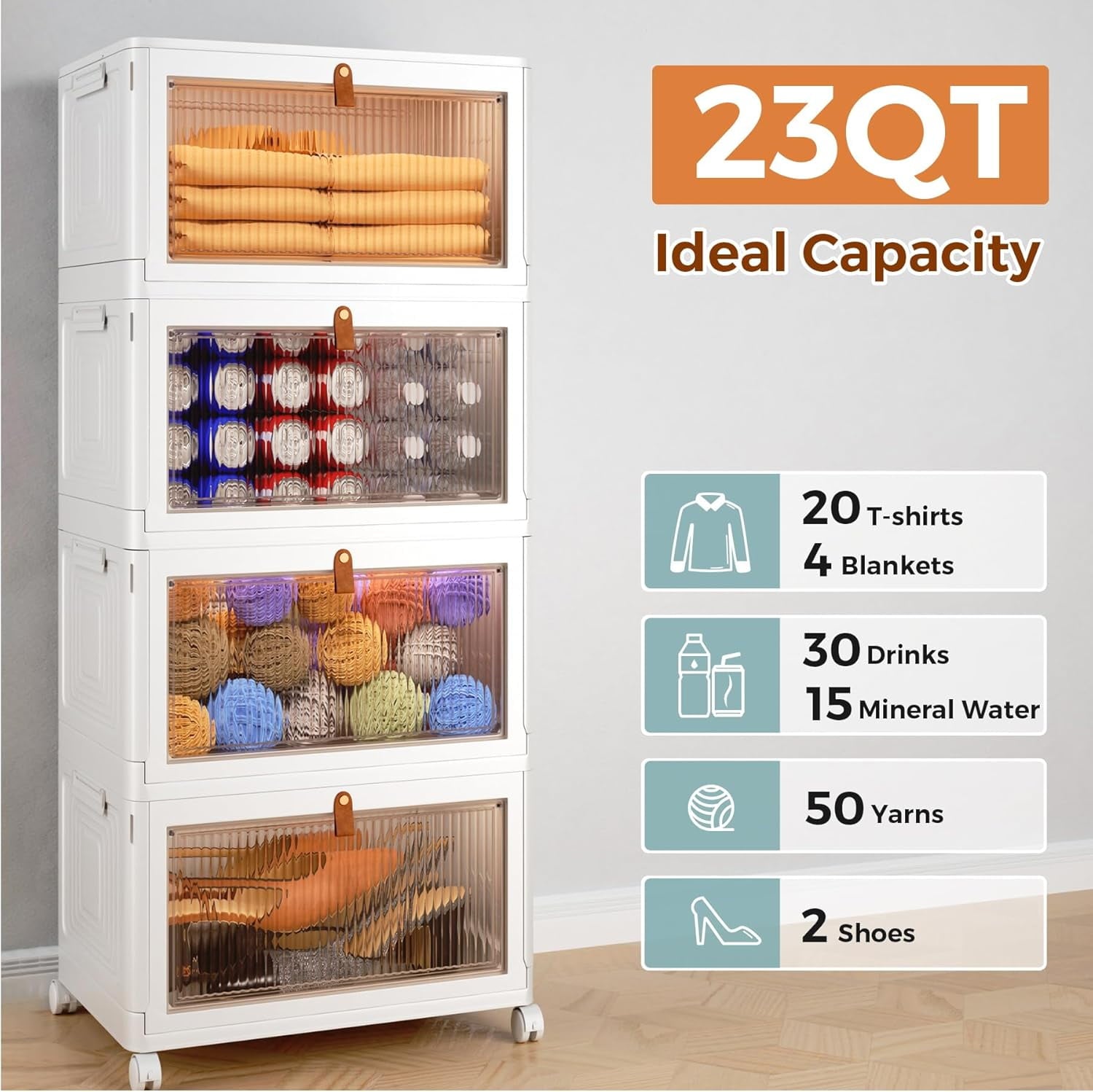 4 Tier Storage Bins with Lids - 23QT Stackable Closet Organizers with Wheels - Collapsible &amp; Foldable Plastic Storage Containers for Home, Office &amp; Dorm Room
