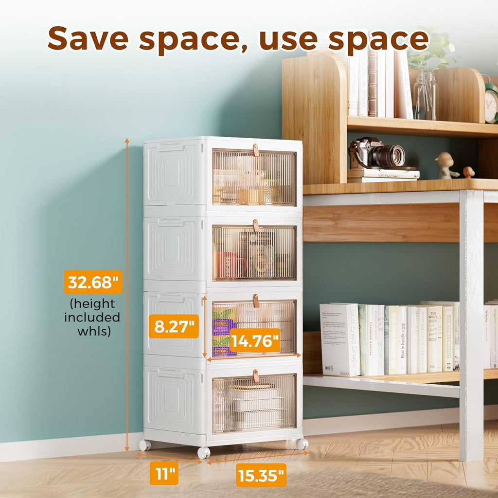 4 Tier Storage Bins with Lids - 23QT Stackable Closet Organizers with Wheels - Collapsible &amp; Foldable Plastic Storage Containers for Home, Office &amp; Dorm Room