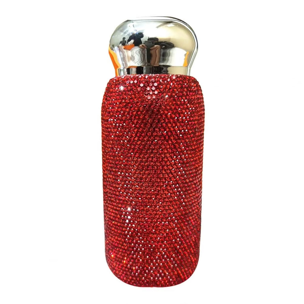Red Insulated Water Bottle, Stainless Steel, Full Rhinestone Embellishment, Small Size, Portable, Holiday Present, 1 Pc
