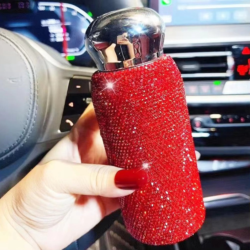 Red Insulated Water Bottle, Stainless Steel, Full Rhinestone Embellishment, Small Size, Portable, Holiday Present, 1 Pc