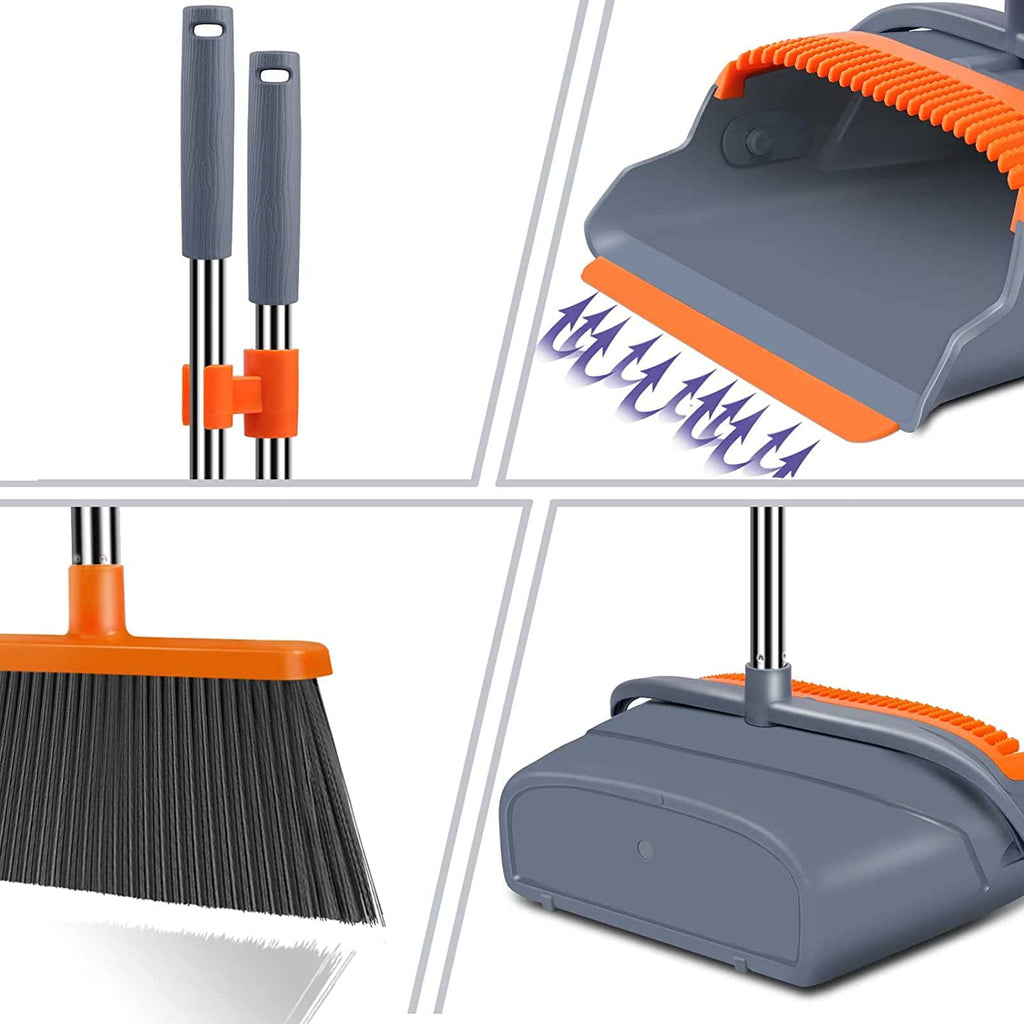 A house of tools Upgrade Broom and Dustpan Set, Self-Cleaning with Dustpan Teeth, Indoor&amp;Outdoor Sweeping, Ideal for Dog Cat Pets Home Use, Stand Up Broom and Dustpan (Gray&amp;Orange)