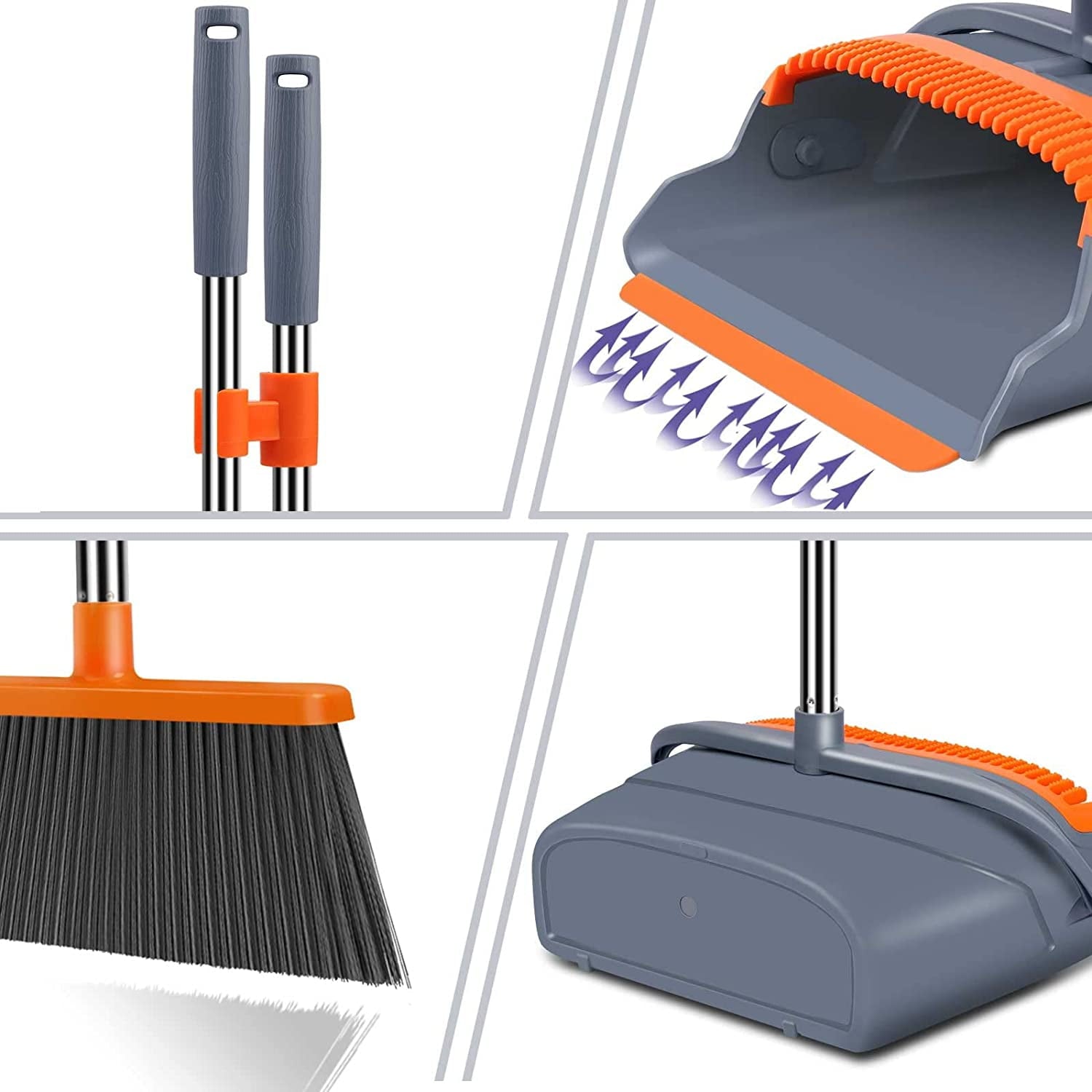 A house of tools Upgrade Broom and Dustpan Set, Self-Cleaning with Dustpan Teeth, Indoor&amp;Outdoor Sweeping, Ideal for Dog Cat Pets Home Use, Stand Up Broom and Dustpan (Gray&amp;Orange)