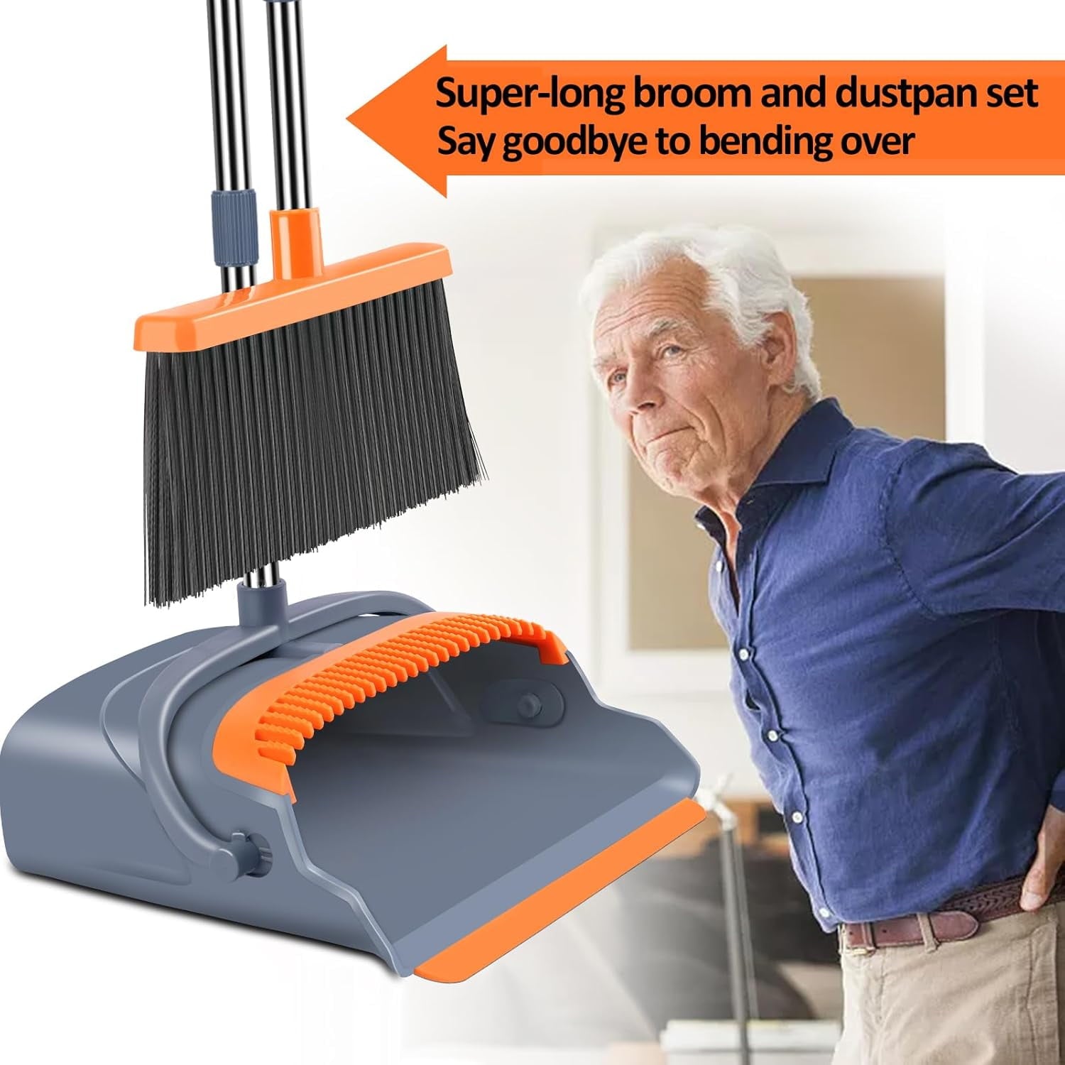A house of tools Upgrade Broom and Dustpan Set, Self-Cleaning with Dustpan Teeth, Indoor&amp;Outdoor Sweeping, Ideal for Dog Cat Pets Home Use, Stand Up Broom and Dustpan (Gray&amp;Orange)