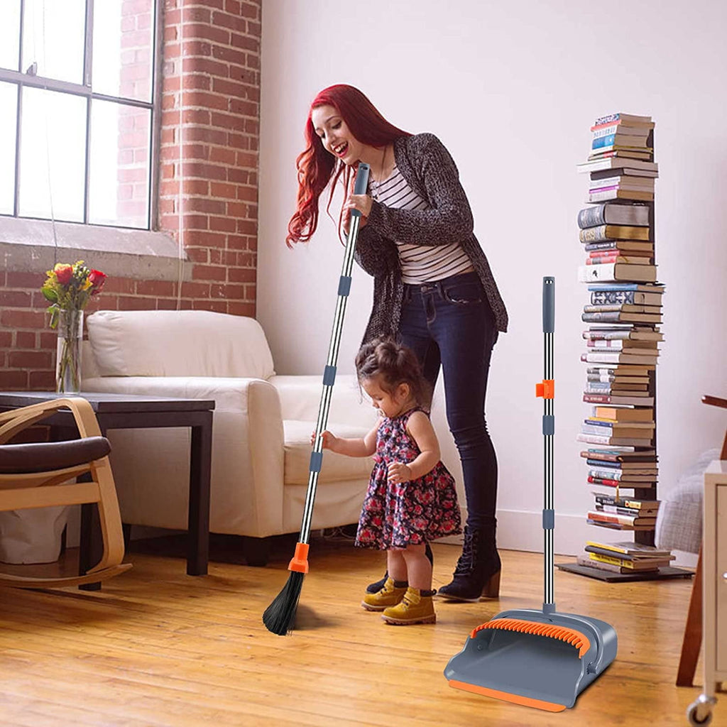 A house of tools Upgrade Broom and Dustpan Set, Self-Cleaning with Dustpan Teeth, Indoor&amp;Outdoor Sweeping, Ideal for Dog Cat Pets Home Use, Stand Up Broom and Dustpan (Gray&amp;Orange)