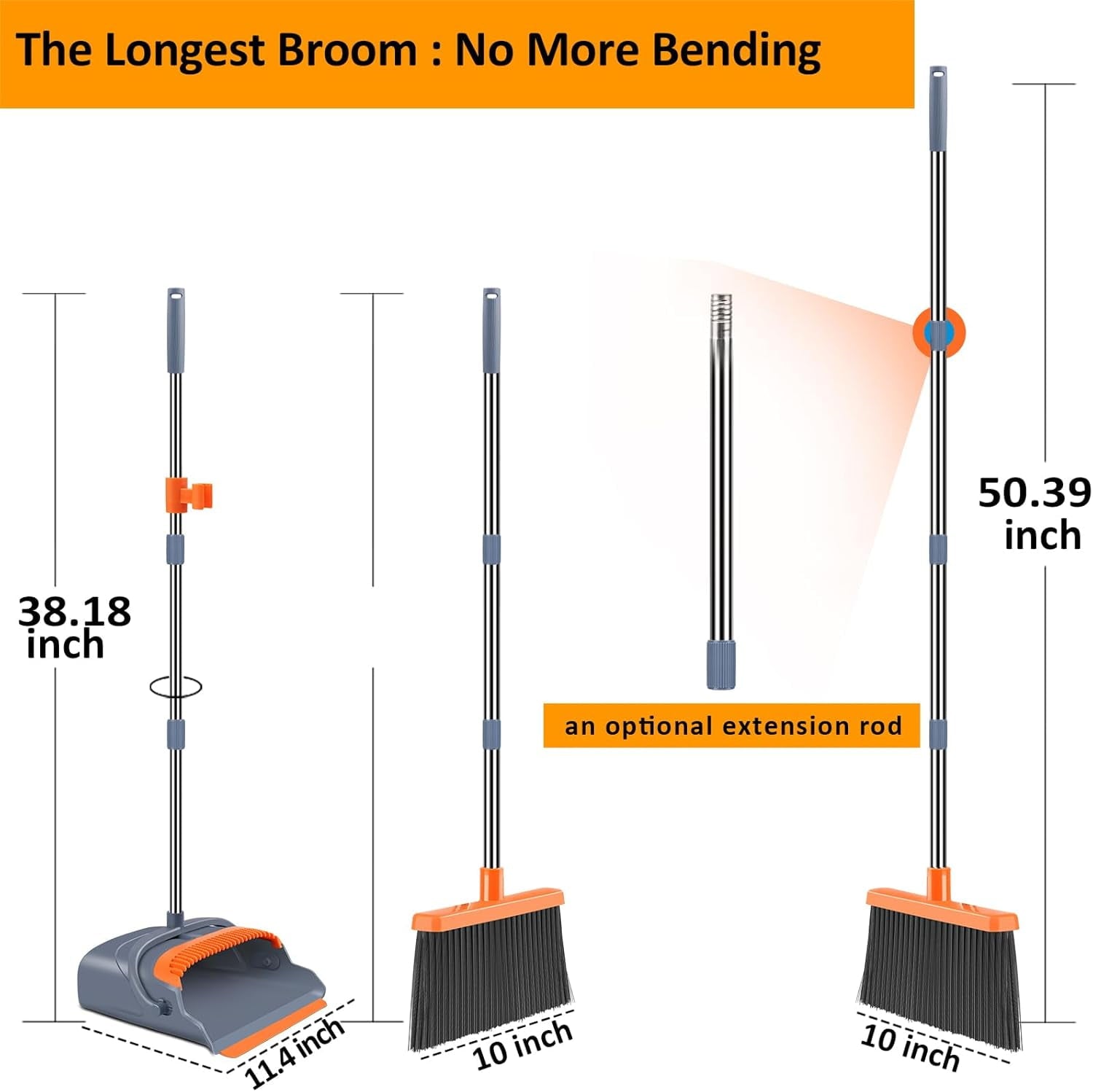 A house of tools Upgrade Broom and Dustpan Set, Self-Cleaning with Dustpan Teeth, Indoor&amp;Outdoor Sweeping, Ideal for Dog Cat Pets Home Use, Stand Up Broom and Dustpan (Gray&amp;Orange)
