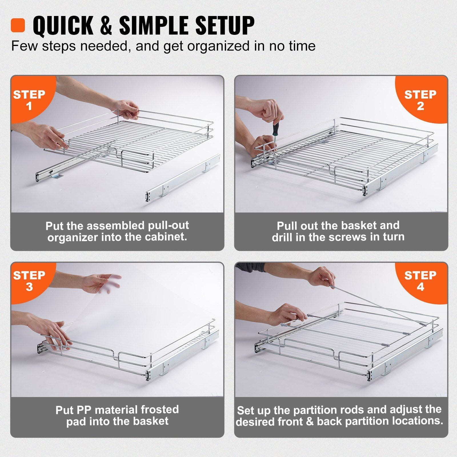 14" x 21" Pull Out Cabinet Organizer | Heavy Duty Slide Out Pantry Shelves, Chrome Steel Roll-Out Drawers, Smooth Sliding Storage for Kitchen, Bathroom, or Under Sink