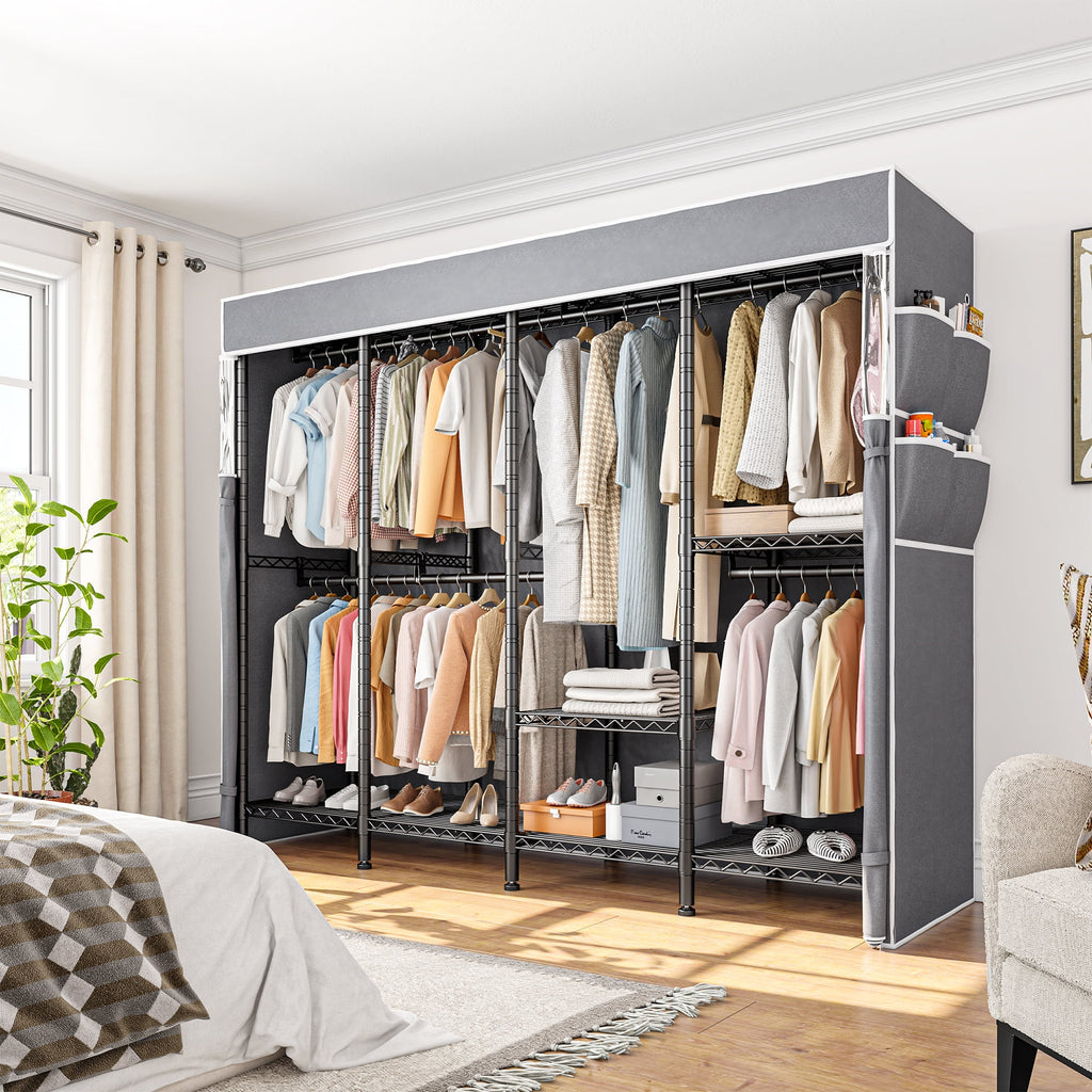 Covered Clothes Rack Loads 1100LBS, Heavy Duty Clothing Rack with Oxford Fabric Cover, Portable &amp; Metal Wadrobe Closet for Hanging Clothes, Black, 76"W x 18"D x 77"H