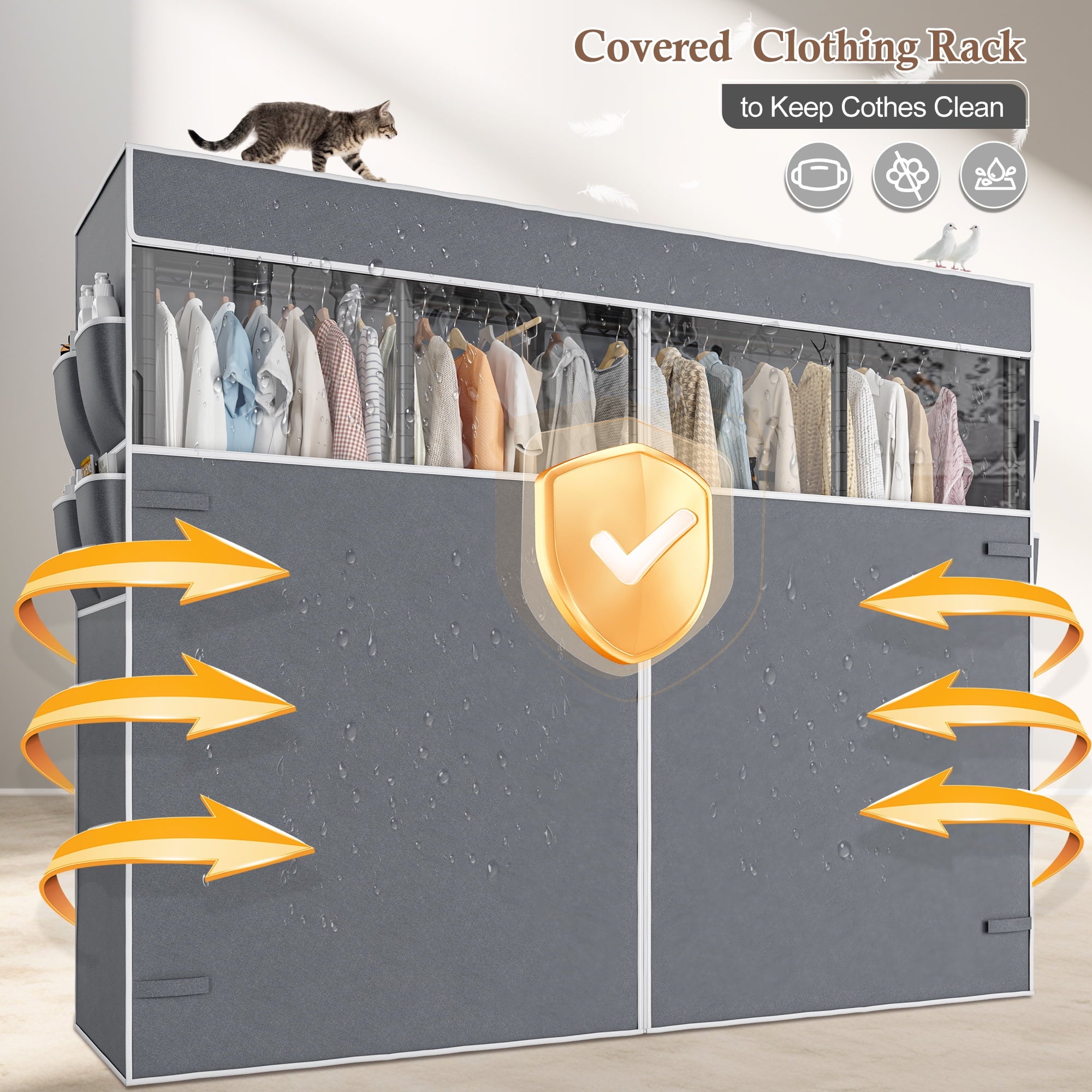 Covered Clothes Rack Loads 1100LBS, Heavy Duty Clothing Rack with Oxford Fabric Cover, Portable &amp; Metal Wadrobe Closet for Hanging Clothes, Black, 76"W x 18"D x 77"H