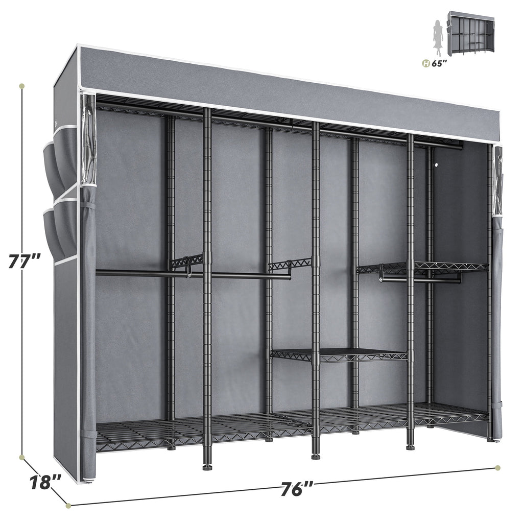 Covered Clothes Rack Loads 1100LBS, Heavy Duty Clothing Rack with Oxford Fabric Cover, Portable &amp; Metal Wadrobe Closet for Hanging Clothes, Black, 76"W x 18"D x 77"H