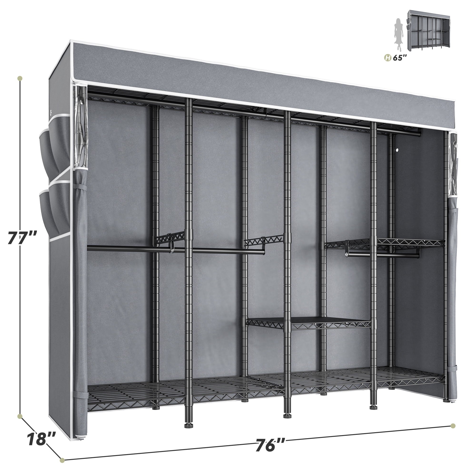 Covered Clothes Rack Loads 1100LBS, Heavy Duty Clothing Rack with Oxford Fabric Cover, Portable &amp; Metal Wadrobe Closet for Hanging Clothes, Black, 76"W x 18"D x 77"H