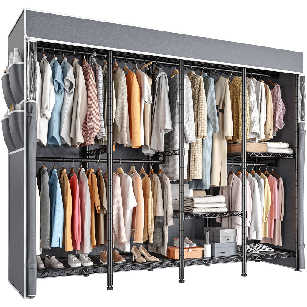 Covered Clothes Rack Loads 1100LBS, Heavy Duty Clothing Rack with Oxford Fabric Cover, Portable &amp; Metal Wadrobe Closet for Hanging Clothes, Black, 76"W x 18"D x 77"H