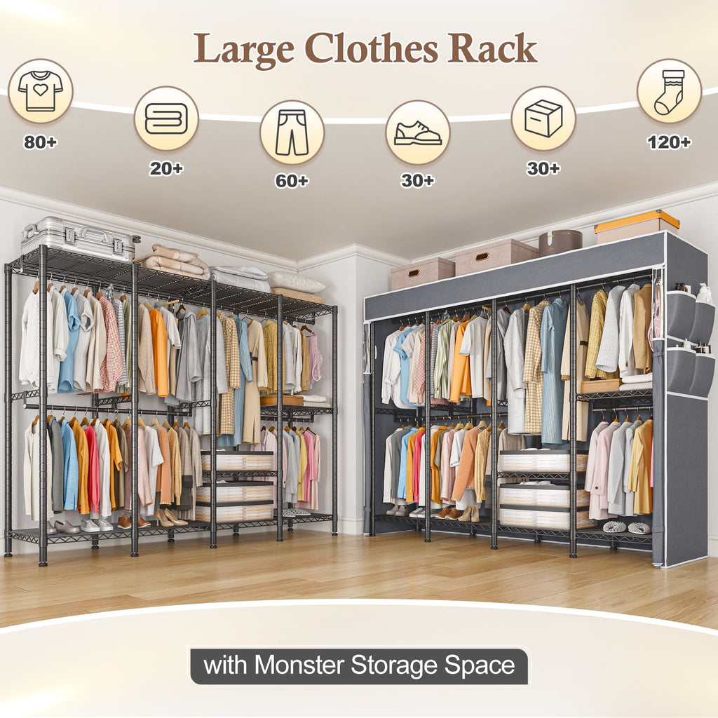 Covered Clothes Rack Loads 1100LBS, Heavy Duty Clothing Rack with Oxford Fabric Cover, Portable &amp; Metal Wadrobe Closet for Hanging Clothes, Black, 76"W x 18"D x 77"H