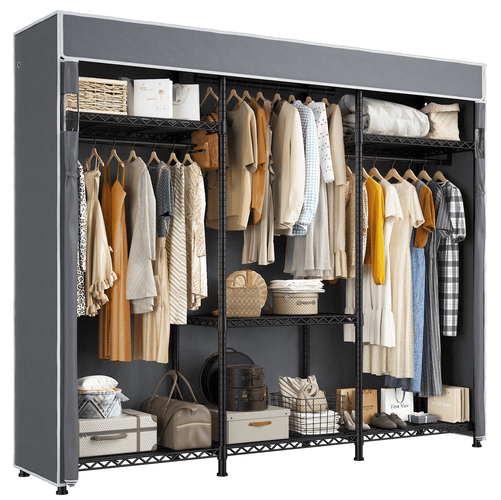Covered Clothes Rack Loads 1100LBS, Heavy Duty Clothing Rack with Oxford Fabric Cover, Portable &amp; Metal Wadrobe Closet for Hanging Clothes, Black, 76"W x 18"D x 77"H