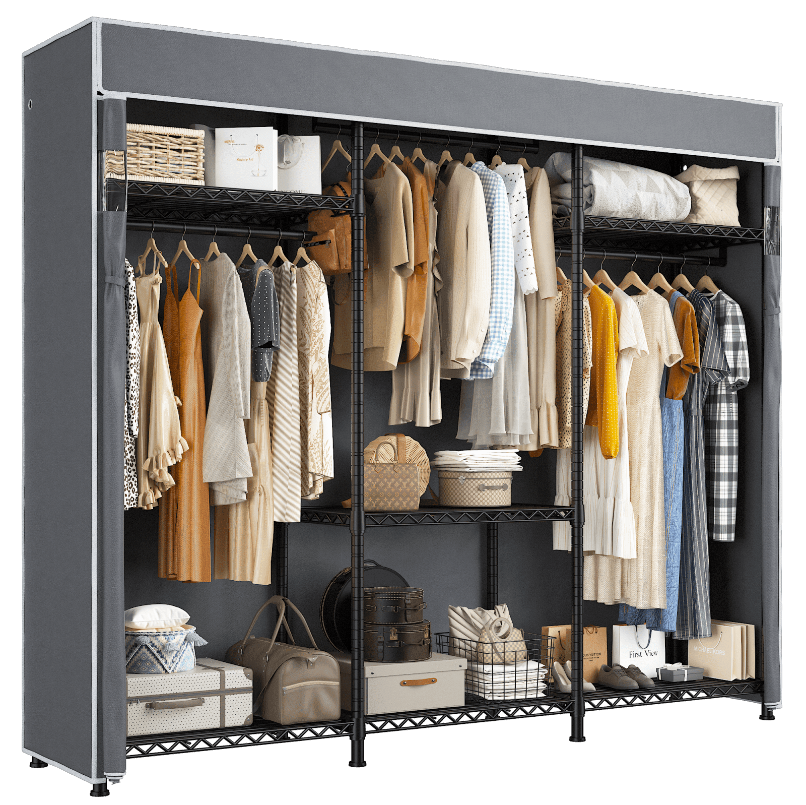 Covered Clothes Rack Loads 1100LBS, Heavy Duty Clothing Rack with Oxford Fabric Cover, Portable &amp; Metal Wadrobe Closet for Hanging Clothes, Black, 76"W x 18"D x 77"H