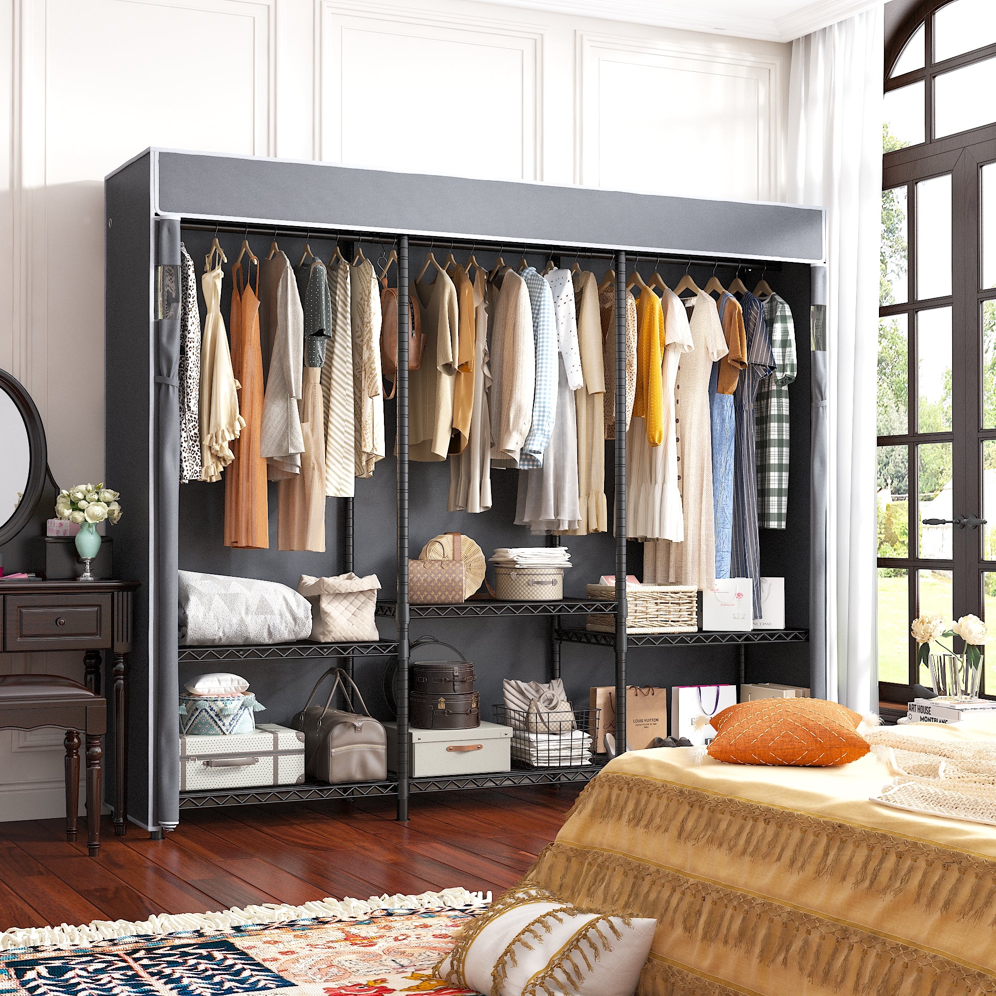 Covered Clothes Rack Loads 1100LBS, Heavy Duty Clothing Rack with Oxford Fabric Cover, Portable &amp; Metal Wadrobe Closet for Hanging Clothes, Black, 76"W x 18"D x 77"H