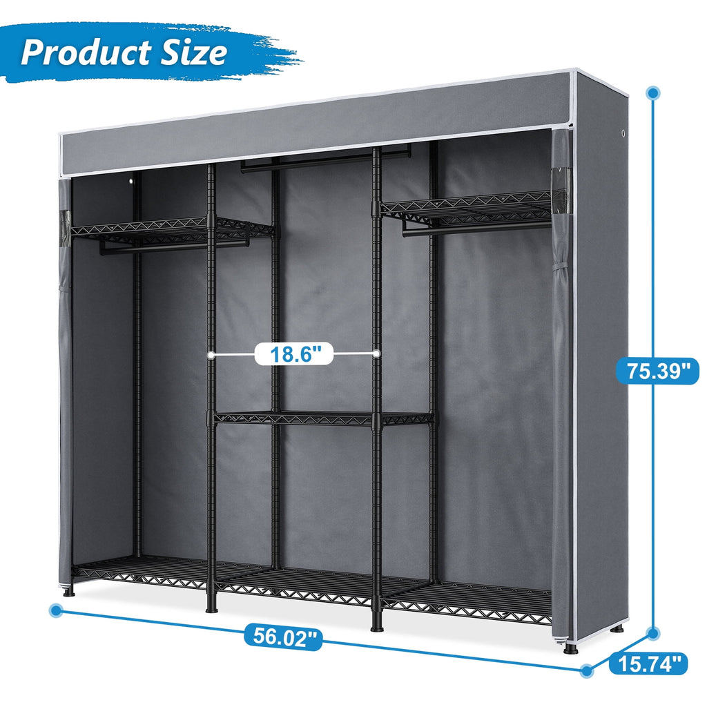 Covered Clothes Rack Loads 1100LBS, Heavy Duty Clothing Rack with Oxford Fabric Cover, Portable &amp; Metal Wadrobe Closet for Hanging Clothes, Black, 76"W x 18"D x 77"H