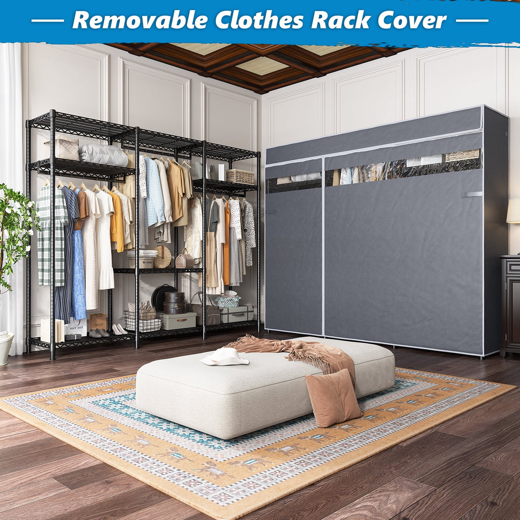 Covered Clothes Rack Loads 1100LBS, Heavy Duty Clothing Rack with Oxford Fabric Cover, Portable &amp; Metal Wadrobe Closet for Hanging Clothes, Black, 76"W x 18"D x 77"H