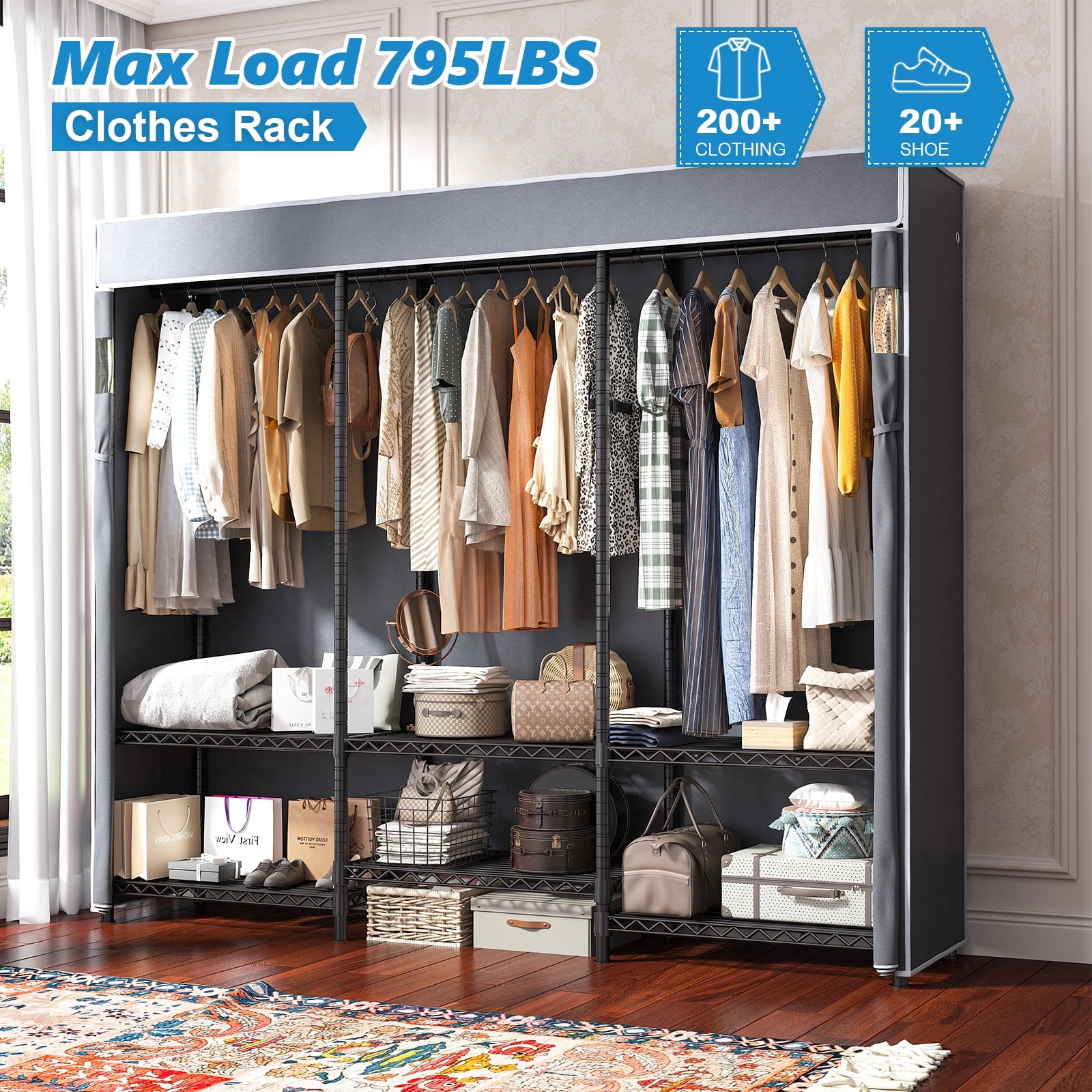 Covered Clothes Rack Loads 1100LBS, Heavy Duty Clothing Rack with Oxford Fabric Cover, Portable &amp; Metal Wadrobe Closet for Hanging Clothes, Black, 76"W x 18"D x 77"H